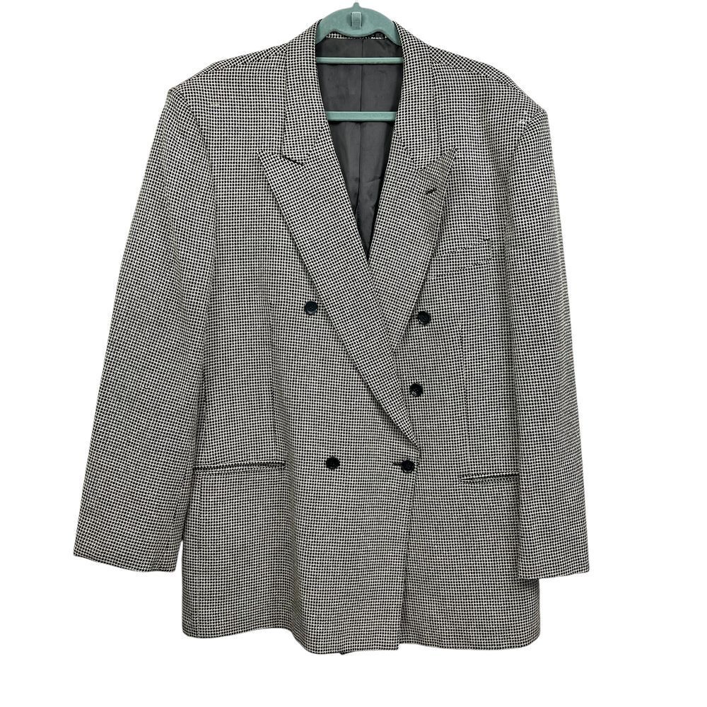 Andrew Fezza Men Houndstooth Blazer Sport Coat Double Breasted Black Cream 42R‎
